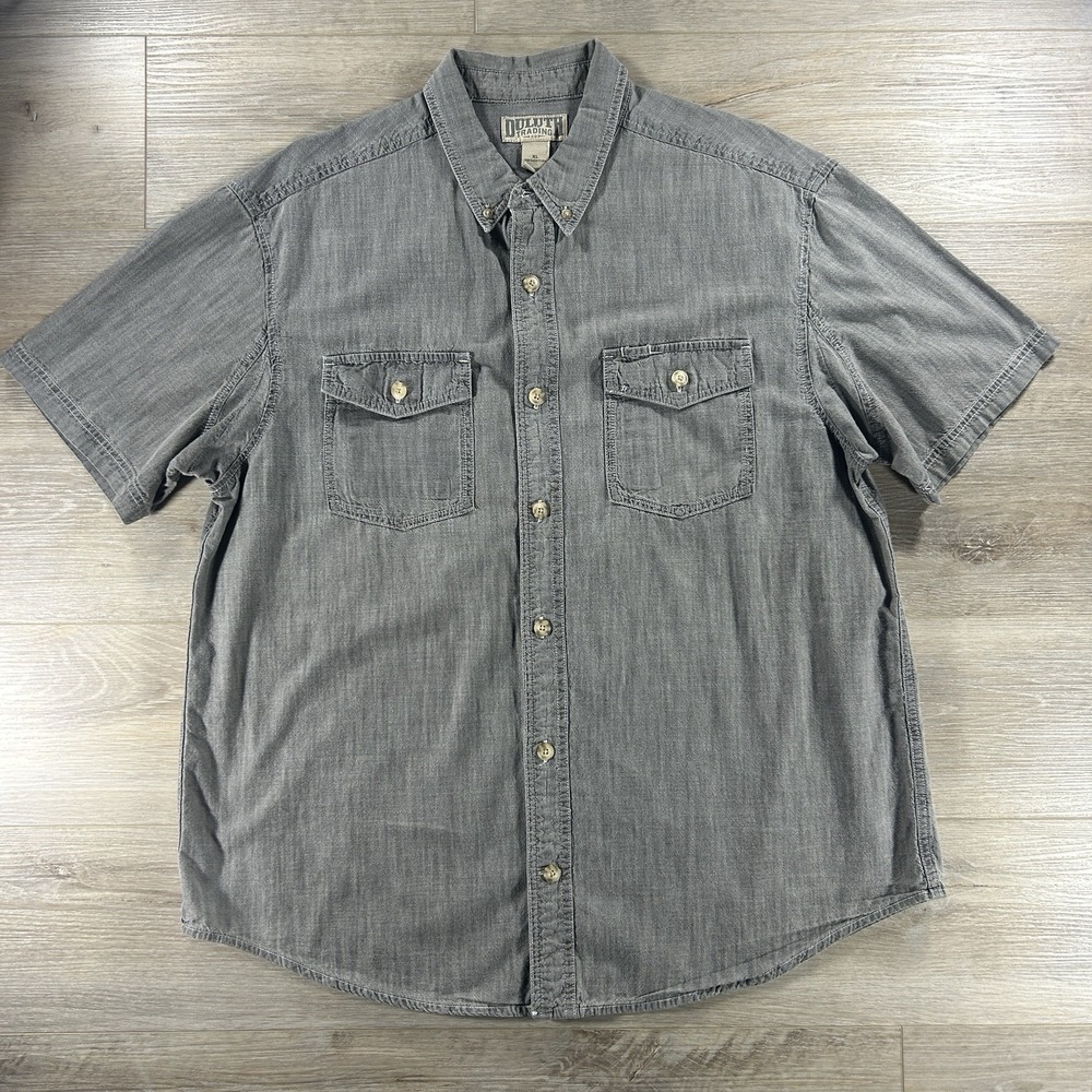 Duluth Trading Company XL Gray‎ Denim Button Up Short Sleeve Shirt Cotton